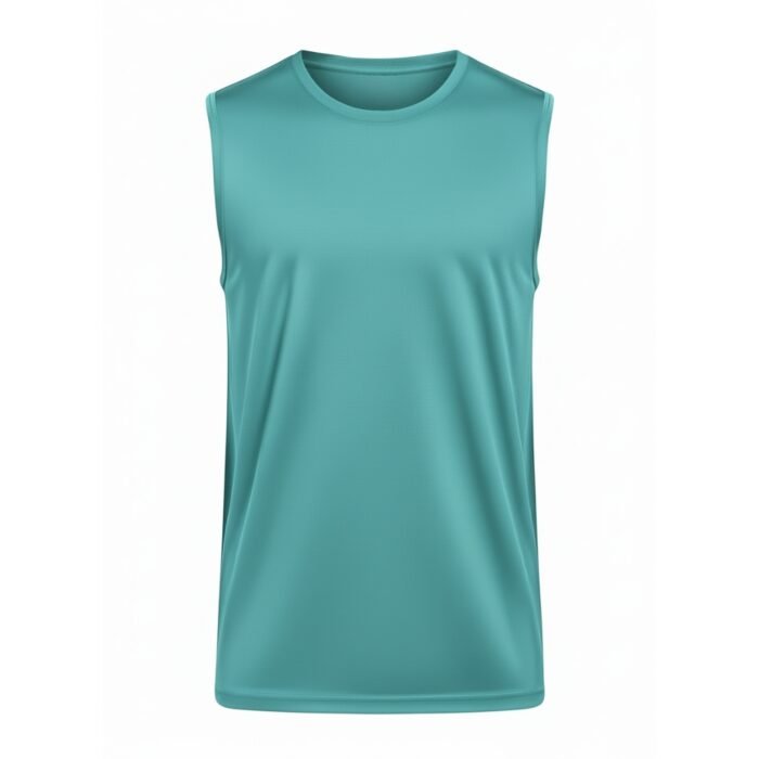 Men’s teal color sleeveless rugby tank top with a crew neckline, shown from the front in a studio cutout on a plain white background.