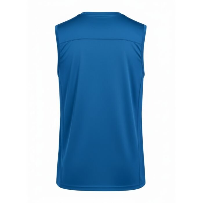 Men’s blue sleeveless rugby shirt with a crew neck, shown from the front on a plain white background.