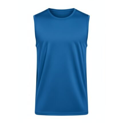 Royal blue sleeveless rugby shirt with round neck, narrow hems, and fine textured fabric, centered on white background.