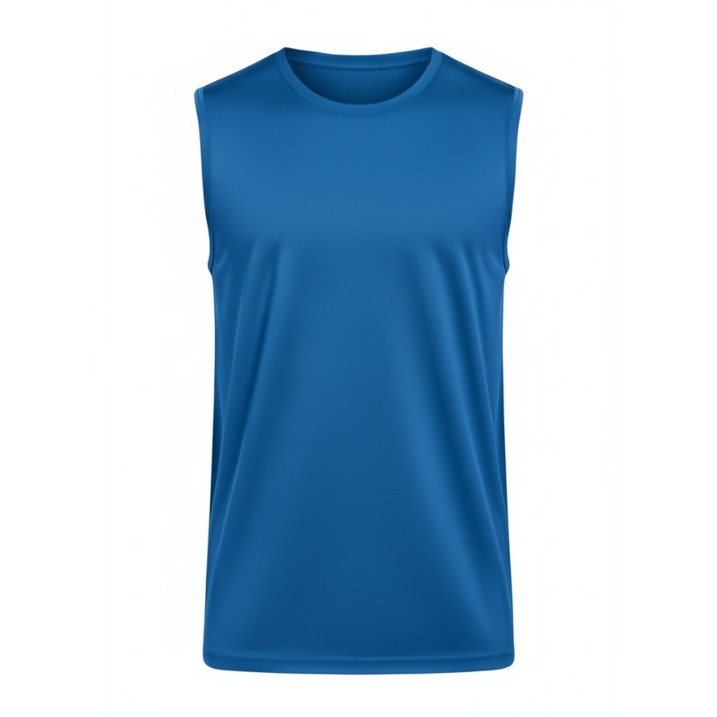 Mens sleeveless rugby shirt front view Royal blue sleeveless rugby shirt with round neck, narrow hems, and fine textured fabric, centered on white background.