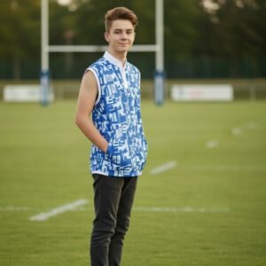Young man wearing a blue-and-white geometric-patterned sleeveless jacket over a white collared shirt, standing on a grass sports field with rugby goalpost in background.
