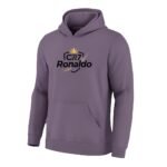Full front view of a black Ronaldo fan pullover hoodie with front graphic on a plain background