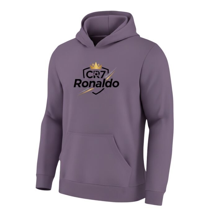 Full front view of a black Ronaldo fan pullover hoodie with front graphic on a plain background
