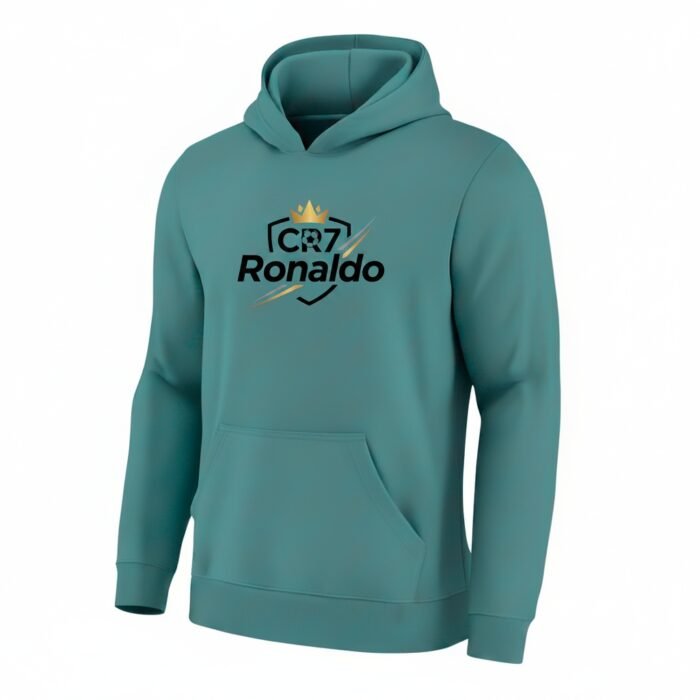 Full front view of a “Nome descrittivo” colored Ronaldo fan pullover hoodie with front graphic on a plain background