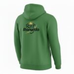 Back view of a Ronaldo fan pullover hoodie with hood up on a plain background. ​