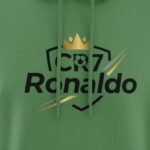 Close-up of a Ronaldo fan pullover hoodie showing the front graphic and chest area on a plain background