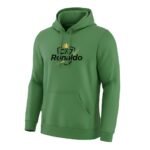 Full front view of a Ronaldo fan pullover hoodie with front graphic on a plain background. ​