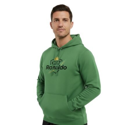 Male model wearing a Ronaldo fan pullover hoodie standing in a relaxed pose on a plain background