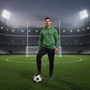 Male model wearing a Ronaldo fan pullover hoodie holding a soccer ball with a stadium-style background