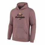 Full front view of a rosa salmone colored Ronaldo fan pullover hoodie with front graphic on a plain background