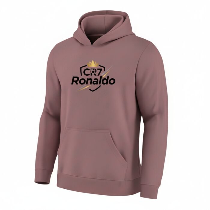 Full front view of a rosa salmone colored Ronaldo fan pullover hoodie with front graphic on a plain background