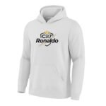 Full front view of a white Ronaldo fan pullover hoodie with front graphic on a plain background