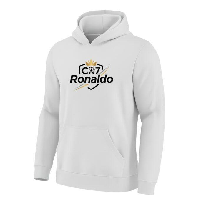 Full front view of a white Ronaldo fan pullover hoodie with front graphic on a plain background