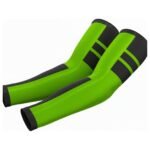 Bright green arm compression sleeve with a black end and a large black graphic with green accents, shown as a matched pair on a white background.