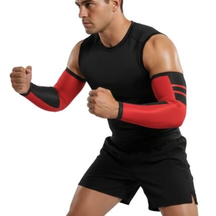 Rugby-style arm compression sleeve in black and red on a male athlete during a training stance.