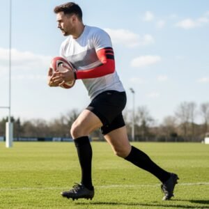 Rugby player sprinting with an arm compression sleeve on the throwing arm.
