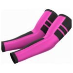 Pink and black arm compression sleeve with bold “H” graphic design, shown as a matched pair on a white background.