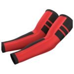 Red and black arm compression sleeve pair with supportive stripe design.