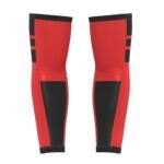 Pair of red and black rugby arm compression sleeves with stripe detailing and black ends.