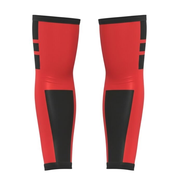 Pair of red and black rugby arm compression sleeves with stripe detailing and black ends.