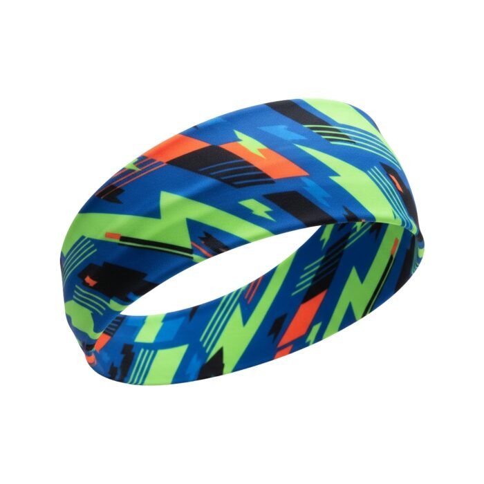 Blue, green, and black patterned fabric headband or cloth roll on a white background