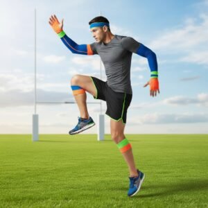 Rugby player stretching on a field while wearing colorful training bands on the arms and legs.