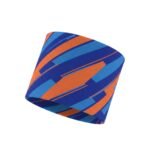 Close-up of a folded, striped fabric or cloth in blue and orange with geometric patterns on a white background.