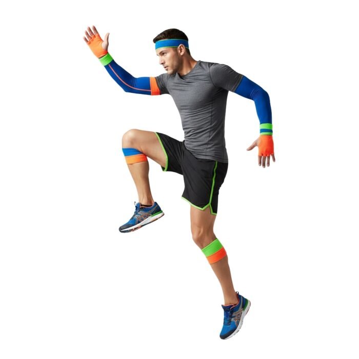 Athlete balancing on one leg while performing a warm-up stretch, wearing colorful resistance bands on the arms and legs.