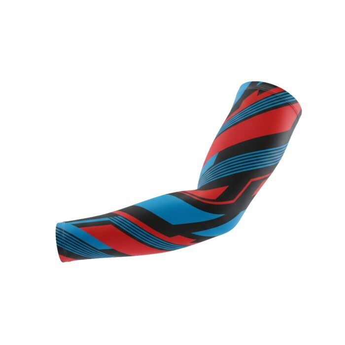 Red, black, and blue patterned fabric roll or cloth on a white background.