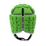 Neon green molded rugby headguard with gray face openings, side padding, multiple ventilation slot holes, and a white chin strap with black interior lining.