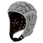 Gray protective rugby headgear with padded shell, curved face guard, and black interior lining.