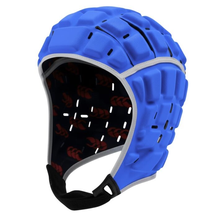 Blue protective rugby headgear with a curved face guard and ventilated shell, showing a black interior lining and strap.