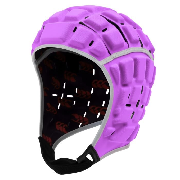 Purple molded rugby headguard with face opening, ventilation holes, black interior lining, and a chin strap.