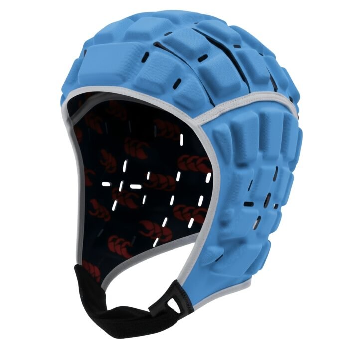 Light blue molded rugby headguard with face opening, black interior lining, red pattern, and chin strap.