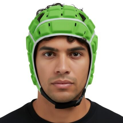 Front view of a neon green molded rugby headguard with a white face frame, black ventilation slot holes, and a black chin strap.