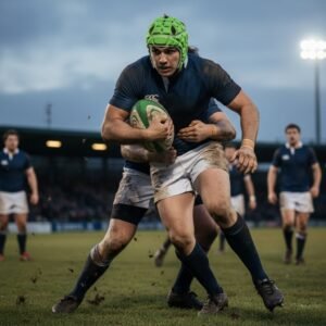 Rugby player wearing a bright green padded headguard with a clear eye guard and chin strap, during a match.