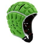 Neon green molded rugby headguard with large face opening, gray trim, multiple ventilation slots, and black interior lining with red pattern, plus chin strap.