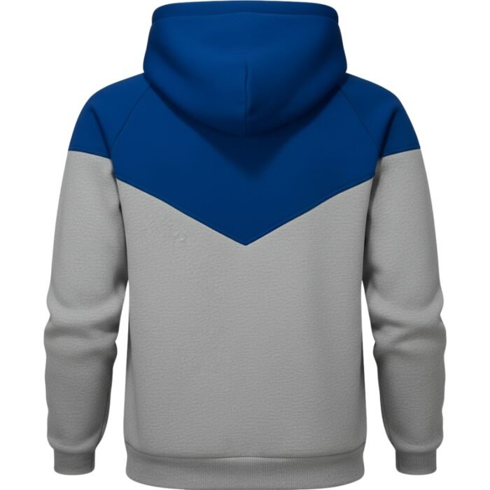 Blue and gray color-block hoodie with a hood, front pocket pouch, and long sleeves.