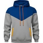 A color-blocked rugby hoodie with a solid blue upper chest and hood, textured gray lower chest and body, gray shoulders and sleeves, orange drawstrings, and pockets with orange trim.