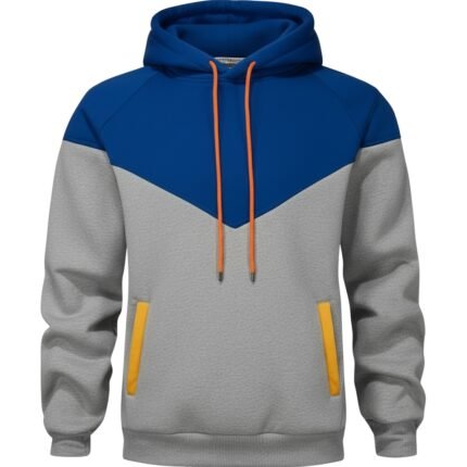 A color-blocked rugby hoodie with a solid blue upper chest and hood, textured gray lower chest and body, gray shoulders and sleeves, orange drawstrings, and pockets with orange trim.