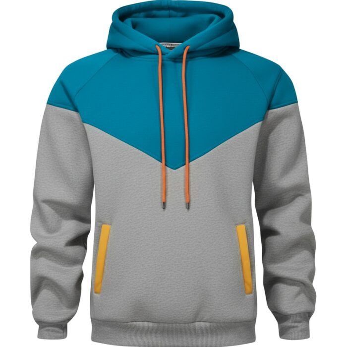 A color-blocked rugby-inspired hoodie with a turquoise upper section (hood and upper chest) and textured gray lower body, shoulders, and sleeves; featuring orange drawstrings, orange-trimmed front pockets, and two vertical gold stripes accenting the pockets.