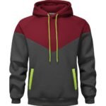 A sporty rugby-inspired hoodie with color-blocked design: burgundy red hood and upper chest, dark gray lower body and sleeves, neon green drawstrings, and front pocket with neon green trim.