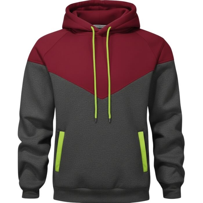A sporty rugby-inspired hoodie with color-blocked design: burgundy red hood and upper chest, dark gray lower body and sleeves, neon green drawstrings, and front pocket with neon green trim.