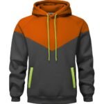 Orange and charcoal color-block rugby hoodie with a hood, neon green drawstrings, and matching green accents on the front pockets.
