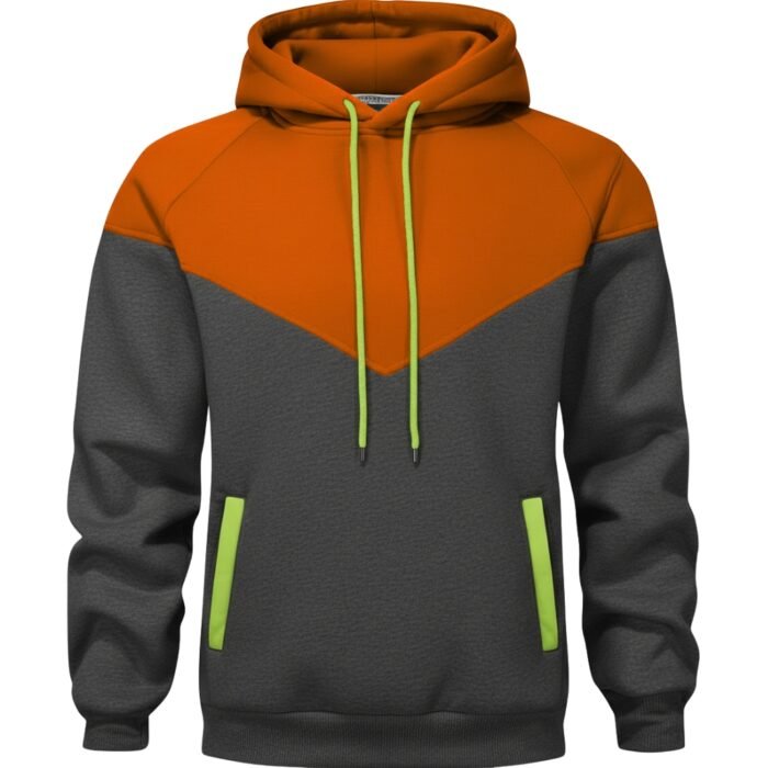 Orange and charcoal color-block rugby hoodie with a hood, neon green drawstrings, and matching green accents on the front pockets.