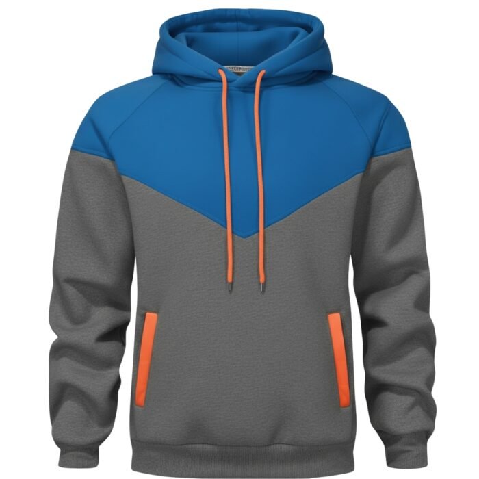 A sporty rugby-inspired hoodie with color-blocked design: bright blue hood and upper chest, textured gray lower body and sleeves, orange drawstrings, and front pockets with orange trim.