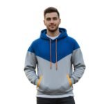Blue and gray pullover hoodie with orange drawstrings and yellow side pocket accents, shown in a front view.
