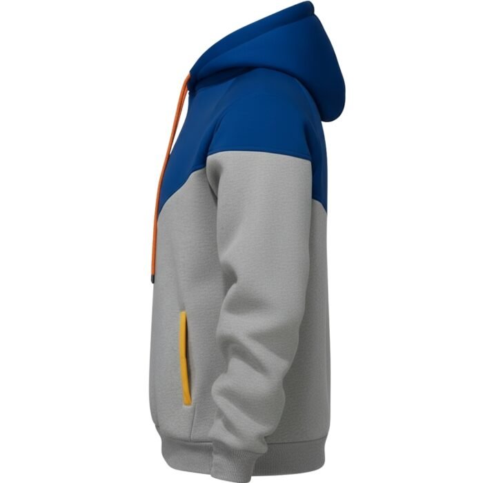 Blue-and-gray color-block pullover hoodie with a hood and long sleeves, shown from the side/back.