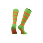 Bright green rugby socks with orange and darker orange horizontal stripes and ribbed cuffs.