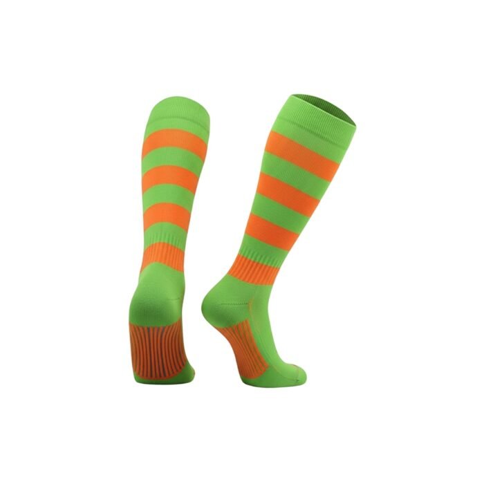 Bright green rugby socks with orange and darker orange horizontal stripes and ribbed cuffs.